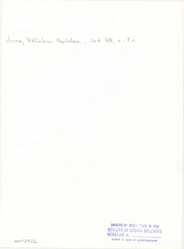 Università di Pisa. Dipartimento di Storia delle Arti , Anonimo italiano - sec. XIV, primo quarto - Lucca, Biblioteca Capitolare Feliniana, Ms. 325, f. 8v, particolare , retro