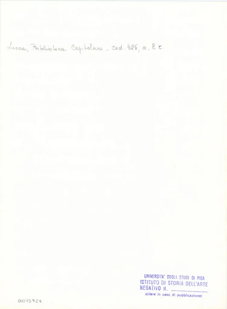 Universit&agrave; di Pisa. Dipartimento di Storia delle Arti , Anonimo italiano - sec. XIV, primo quarto - Lucca, Biblioteca Capitolare Feliniana, Ms. 325, f. 8r, particolare , retro