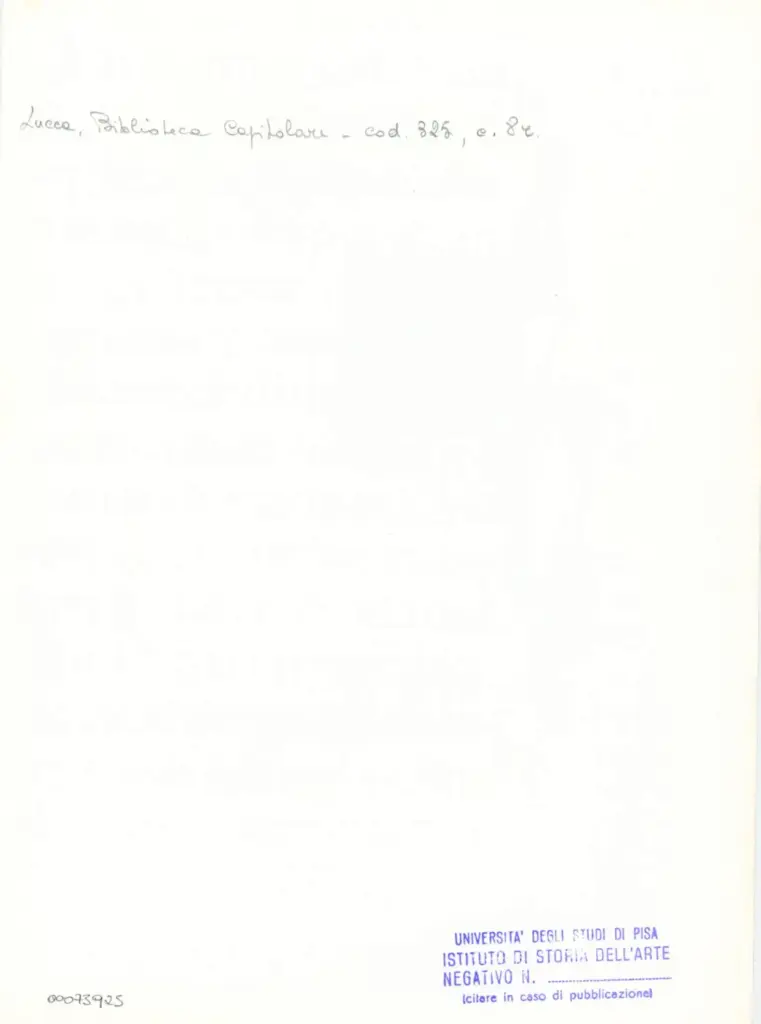 Universit&agrave; di Pisa. Dipartimento di Storia delle Arti , Anonimo italiano - sec. XIV, primo quarto - Lucca, Biblioteca Capitolare Feliniana, Ms. 325, f. 8r, particolare , retro