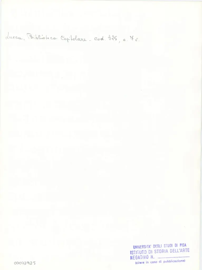 Universit&agrave; di Pisa. Dipartimento di Storia delle Arti , Anonimo italiano - sec. XIV, primo quarto - Lucca, Biblioteca Capitolare Feliniana, Ms. 325, f. 7v, particolare , retro