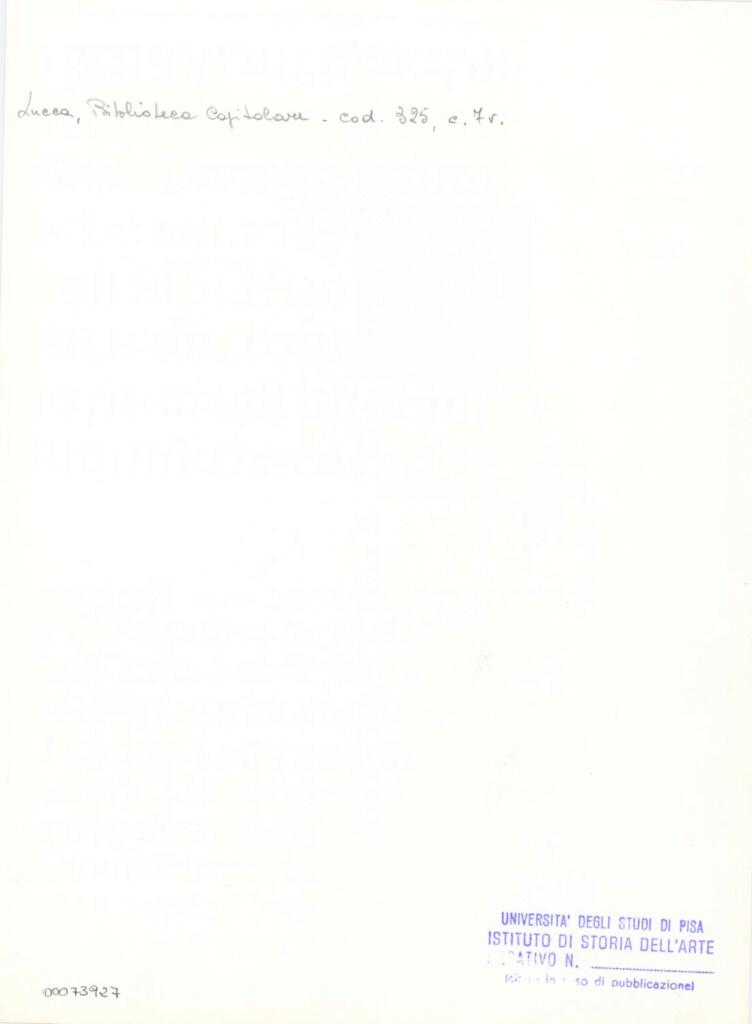 Università di Pisa. Dipartimento di Storia delle Arti , Anonimo italiano - sec. XIV, primo quarto - Lucca, Biblioteca Capitolare Feliniana, Ms. 325, f, 7v, particolare , retro