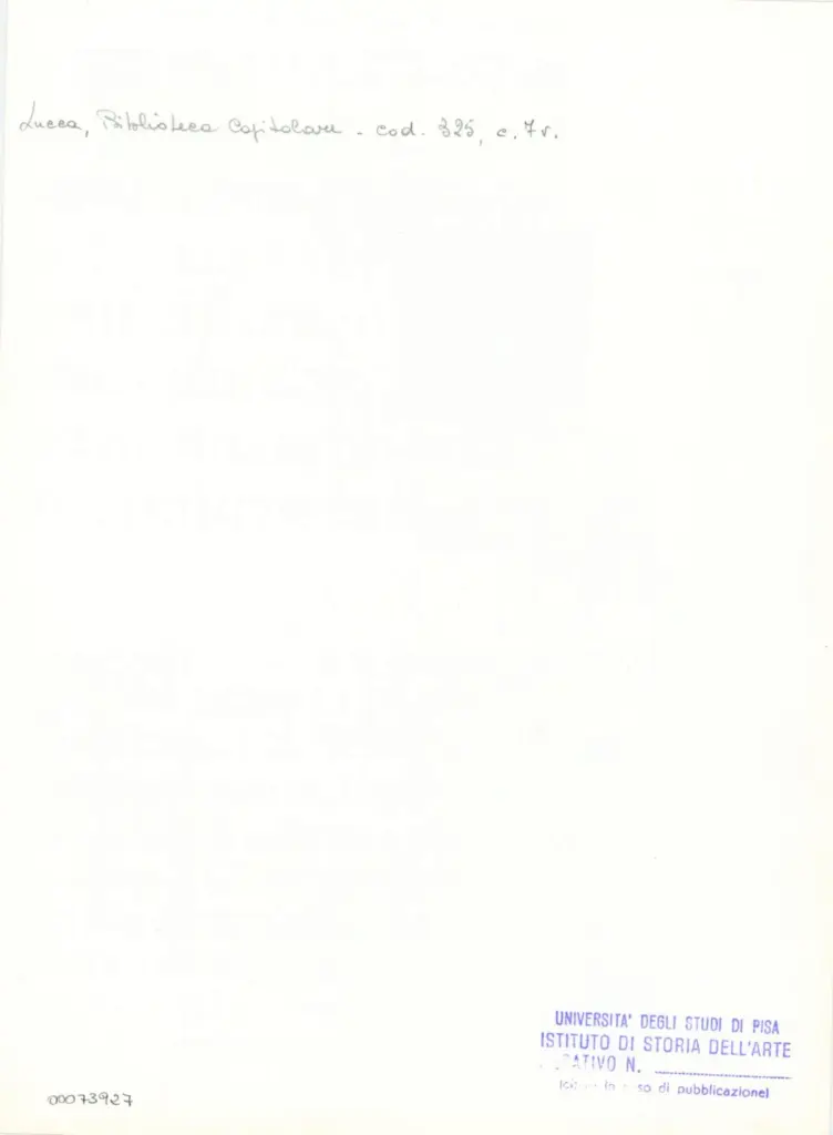 Università di Pisa. Dipartimento di Storia delle Arti , Anonimo italiano - sec. XIV, primo quarto - Lucca, Biblioteca Capitolare Feliniana, Ms. 325, f, 7v, particolare , retro