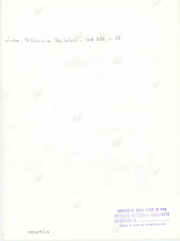 Universit&agrave; di Pisa. Dipartimento di Storia delle Arti , Anonimo italiano - sec. XIV, primo quarto - Lucca, Biblioteca Capitolare Feliniana, Ms. 325, f. 28r, particolare , retro