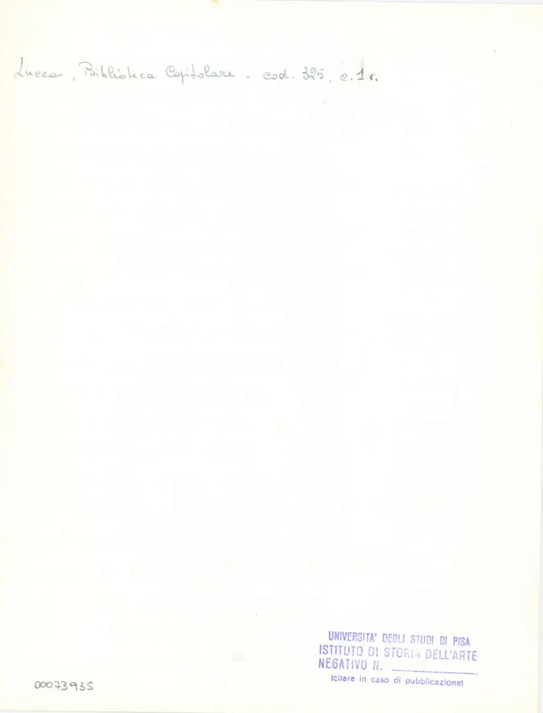 Universit&agrave; di Pisa. Dipartimento di Storia delle Arti , Anonimo italiano - sec. XIV, primo quarto - Lucca, Biblioteca Capitolare Feliniana, Ms. 325, f. 1v, particolare , retro