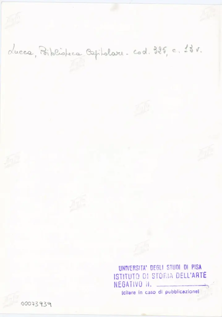 Universit&agrave; di Pisa. Dipartimento di Storia delle Arti , Anonimo italiano - sec. XIV, primo quarto - Lucca, Biblioteca Capitolare Feliniana, Ms. 325, f. 13v, particolare , retro