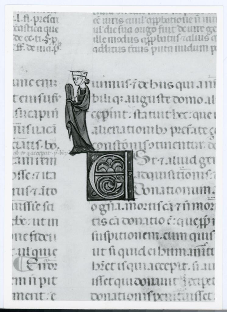 Anonimo italiano sec. XIV , Iniziale E, Iniziale decorata, Motivi decorativi vegetali e zoomorfi, Figura femminile