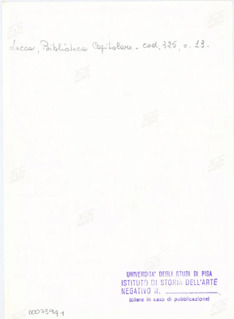 Universit&agrave; di Pisa. Dipartimento di Storia delle Arti , Anonimo italiano - sec. XIV, primo quarto - Lucca, Biblioteca Capitolare Feliniana, Ms. 325, f. 13r, particolare , retro