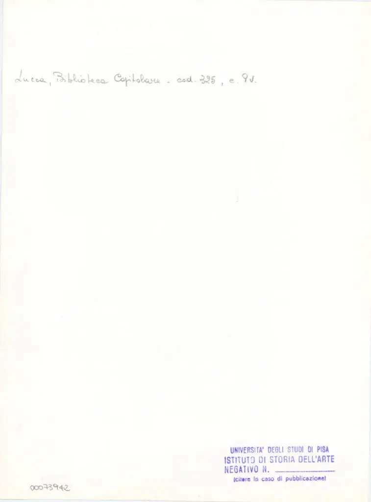 Universit&agrave; di Pisa. Dipartimento di Storia delle Arti , Anonimo italiano - sec. XIV, primo quarto - Lucca, Biblioteca Capitolare Feliniana, Ms. 325, f. 9v, particolare , retro