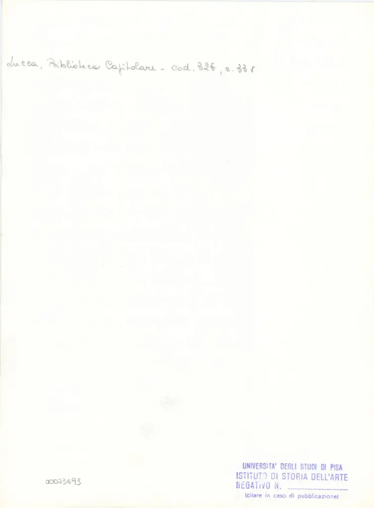 Universit&agrave; di Pisa. Dipartimento di Storia delle Arti , Anonimo italiano - sec. XIV, primo quarto - Lucca, Biblioteca Capitolare Feliniana, Ms. 325, f. 33v, particolare , retro