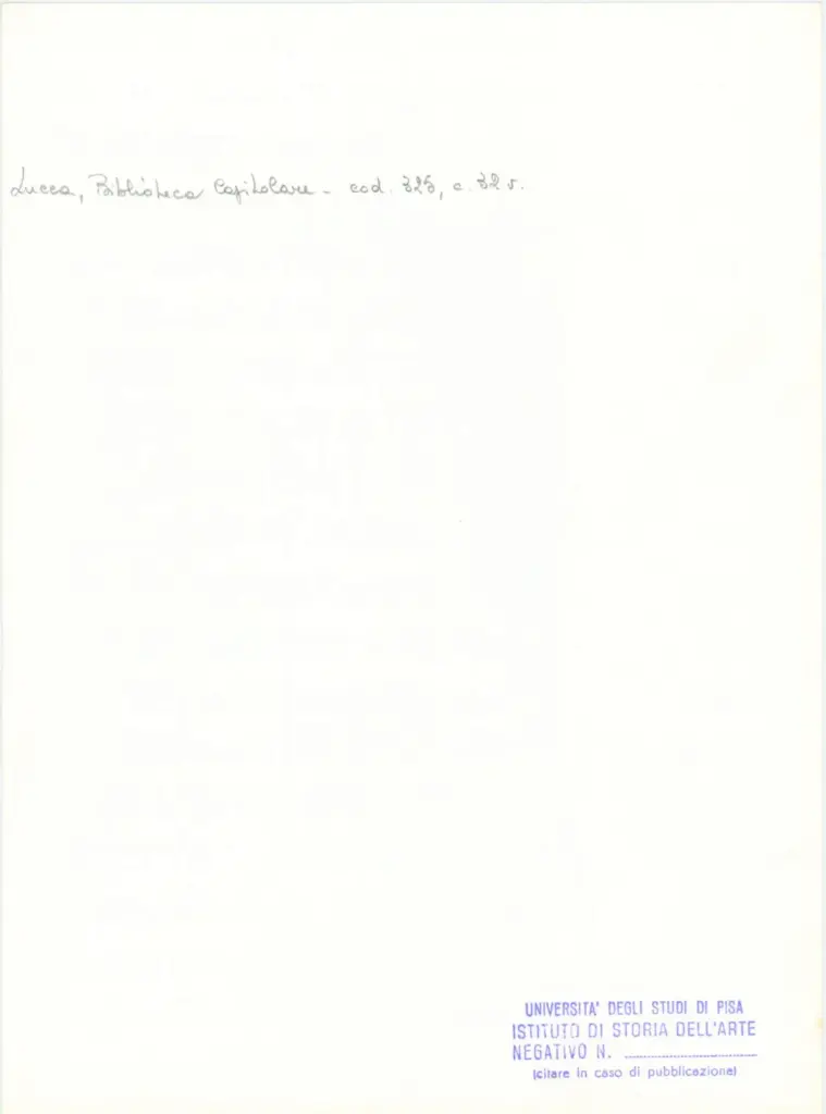 Universit&agrave; di Pisa. Dipartimento di Storia delle Arti , Anonimo italiano - sec. XIV, primo quarto - Lucca, Biblioteca Capitolare Feliniana, Ms. 325, f. 32v, particolare , retro
