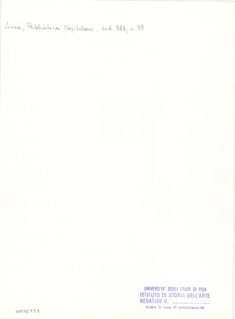 Università di Pisa. Dipartimento di Storia delle Arti , Anonimo italiano - sec. XIV, primo quarto - Lucca, Biblioteca Capitolare Feliniana, Ms. 325, f. 39r, particolare , retro