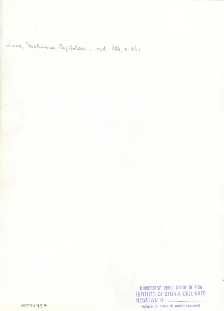 Universit&agrave; di Pisa. Dipartimento di Storia delle Arti , Anonimo italiano - sec. XIV, primo quarto - Lucca, Biblioteca Capitolare Feliniana, Ms. 325, f. 36v, particolare , retro