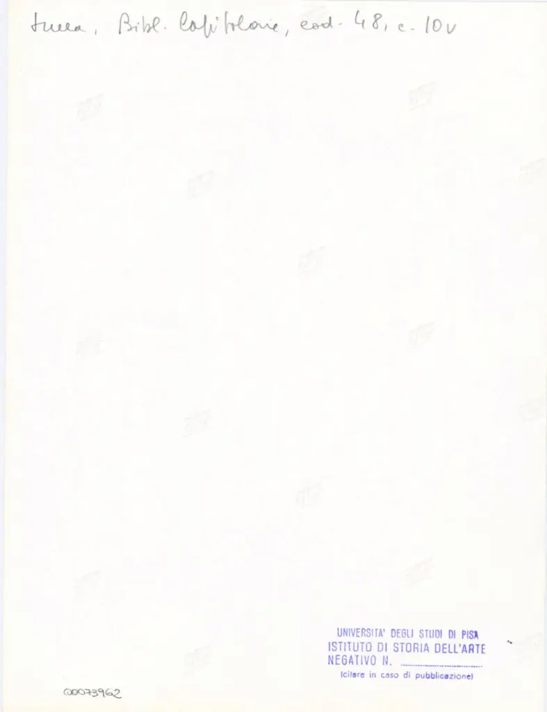 Universit&agrave; di Pisa. Dipartimento di Storia delle Arti , Anonimo italiano - sec. XII, inizio - Lucca, Biblioteca Capitolare Feliniana, Ms. 48, f. 10v, intero , retro