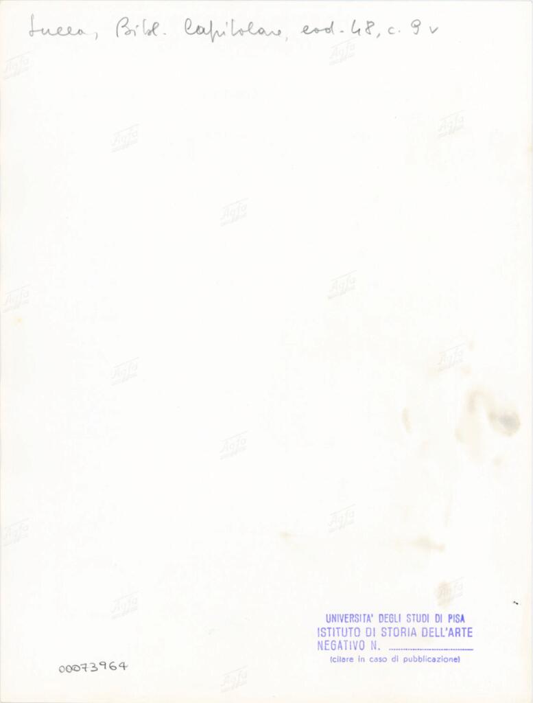 Università di Pisa. Dipartimento di Storia delle Arti , Anonimo italiano - sec. XII, inizio - Lucca, Biblioteca Capitolare Feliniana, Ms. 48, f. 9v, intero , retro