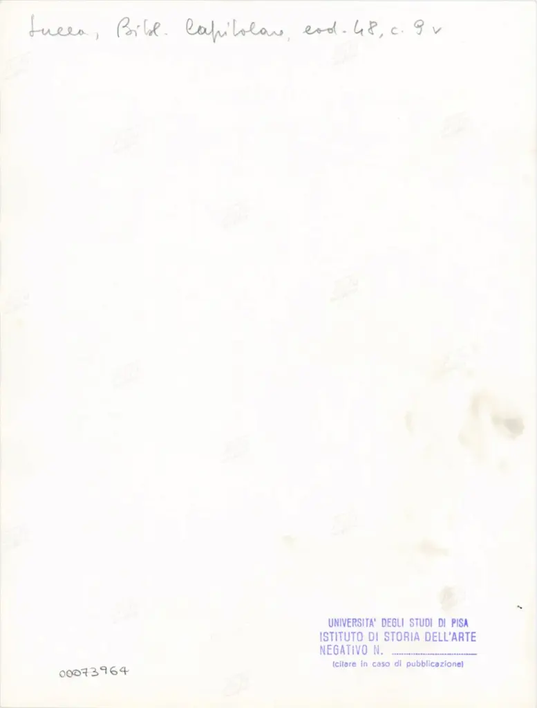 Universit&agrave; di Pisa. Dipartimento di Storia delle Arti , Anonimo italiano - sec. XII, inizio - Lucca, Biblioteca Capitolare Feliniana, Ms. 48, f. 9v, intero , retro