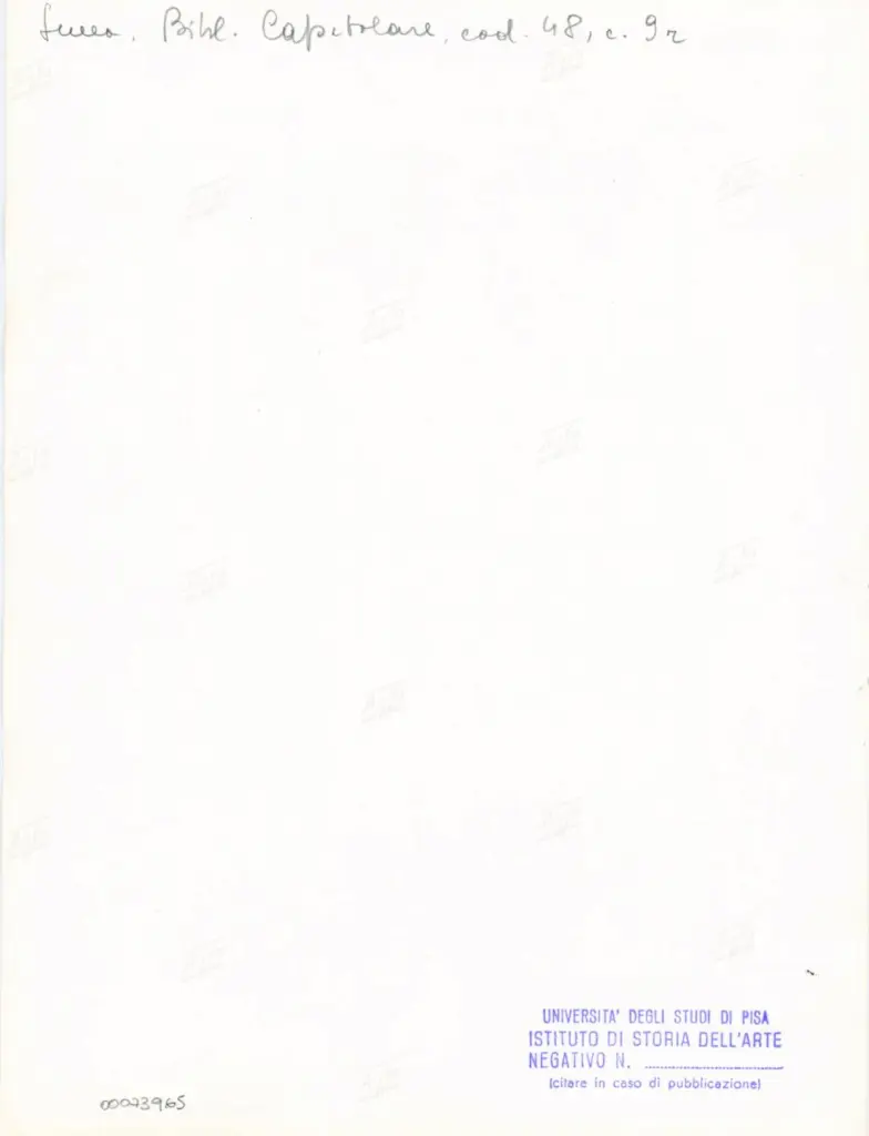 Università di Pisa. Dipartimento di Storia delle Arti , Anonimo italiano - sec. XII, inizio - Lucca, Biblioteca Capitolare Feliniana, Ms. 48, f. 9r, intero , retro