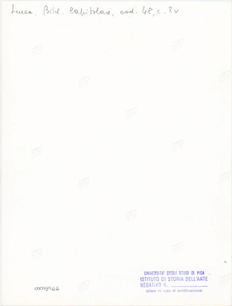 Università di Pisa. Dipartimento di Storia delle Arti , Anonimo italiano - sec. XII, inizio - Lucca, Biblioteca Capitolare Feliniana, Ms. 48, f. 8v, intero , retro