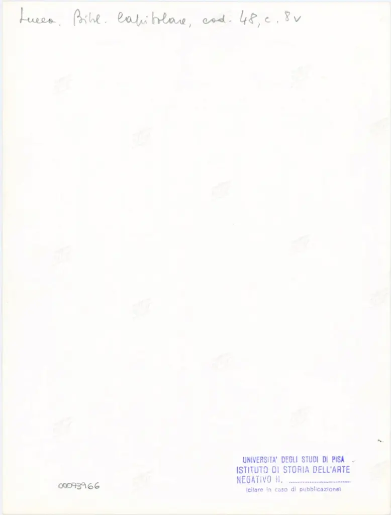 Universit&agrave; di Pisa. Dipartimento di Storia delle Arti , Anonimo italiano - sec. XII, inizio - Lucca, Biblioteca Capitolare Feliniana, Ms. 48, f. 8v, intero , retro