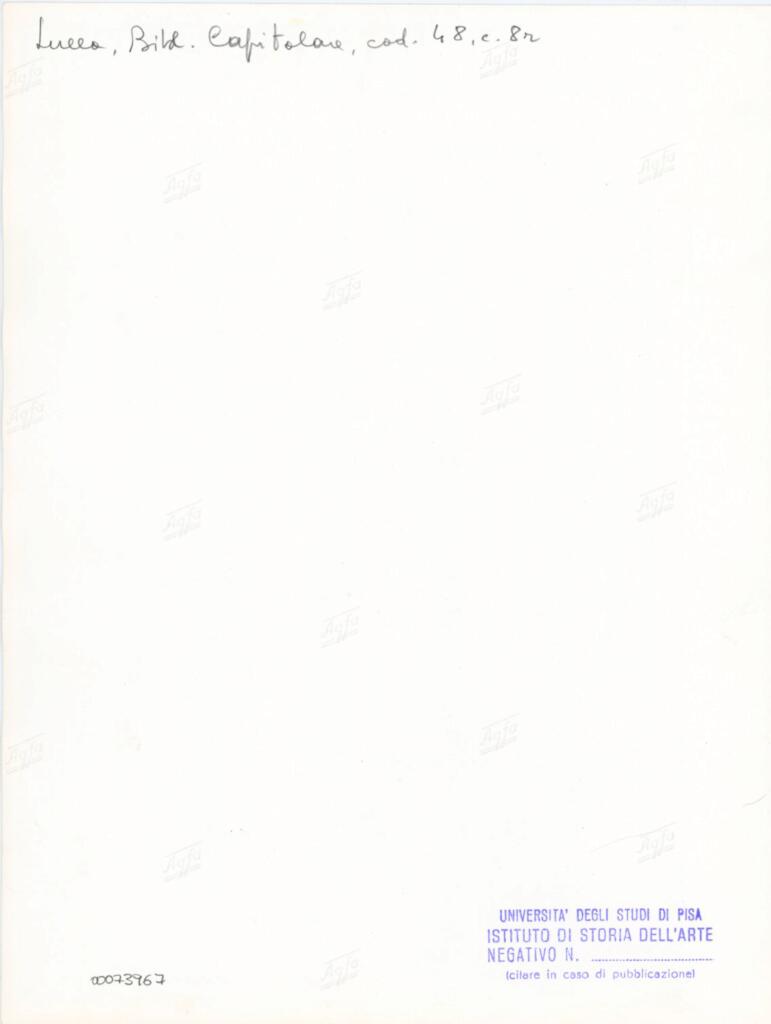 Università di Pisa. Dipartimento di Storia delle Arti , Anonimo italiano - sec. XII, inizio - Lucca, Biblioteca Capitolare Feliniana, Ms. 48, f. 8r, intero , retro