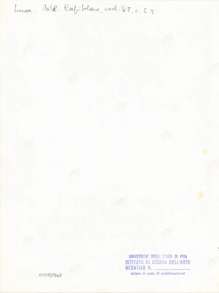 Universit&agrave; di Pisa. Dipartimento di Storia delle Arti , Anonimo italiano - sec. XII, inizio - Lucca, Biblioteca Capitolare Feliniana, Ms. 48, f. 2r, particolare , retro