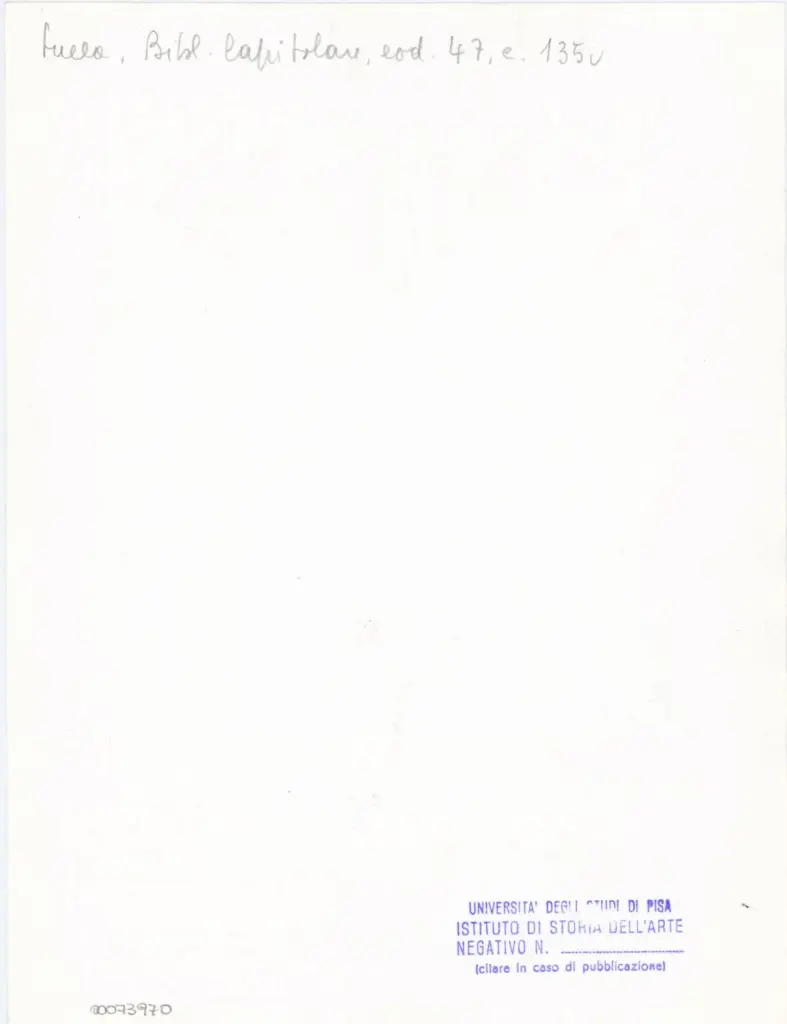 Universit&agrave; di Pisa. Dipartimento di Storia delle Arti , Anonimo italiano - sec. XII, inizio - Lucca, Biblioteca Capitolare Feliniana, Ms. 47, f. 135v, particolare , retro
