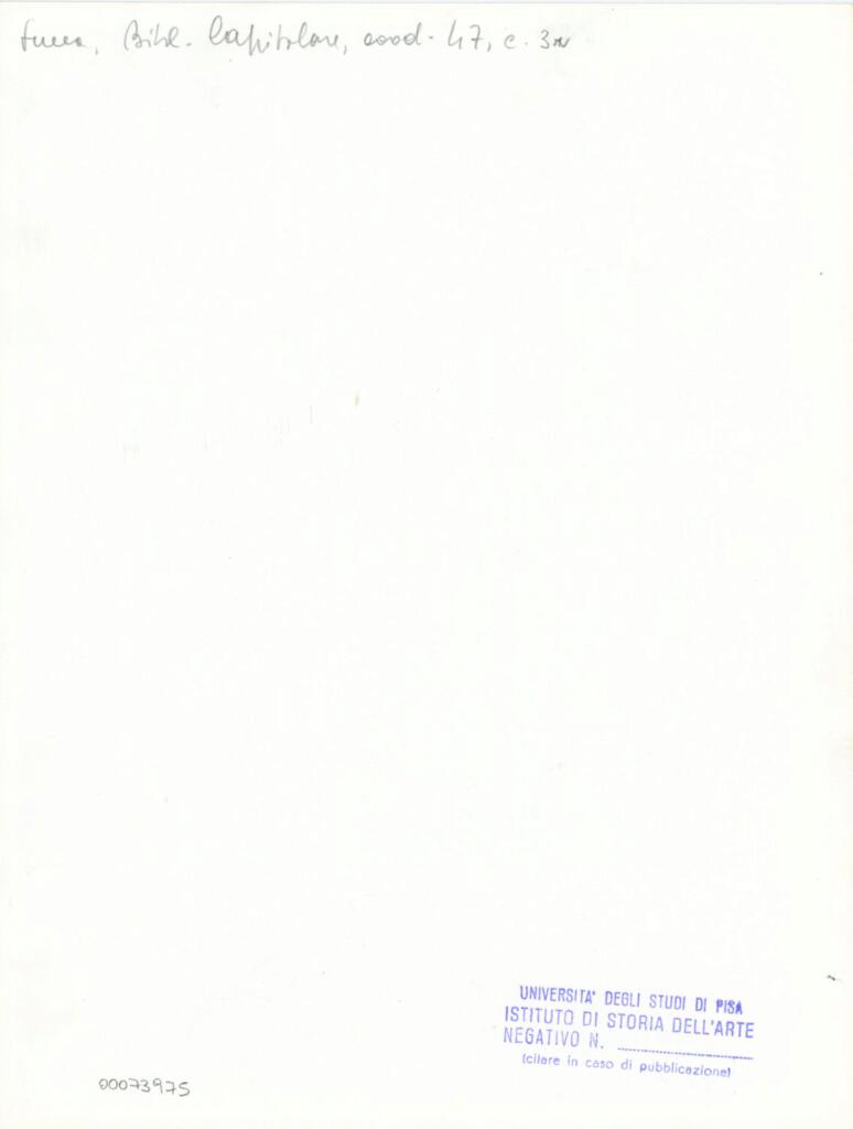 Università di Pisa. Dipartimento di Storia delle Arti , Anonimo italiano - sec. XII, inizio - Lucca, Biblioteca Capitolare Feliniana, Ms. 47, f. 3r, particolare , retro