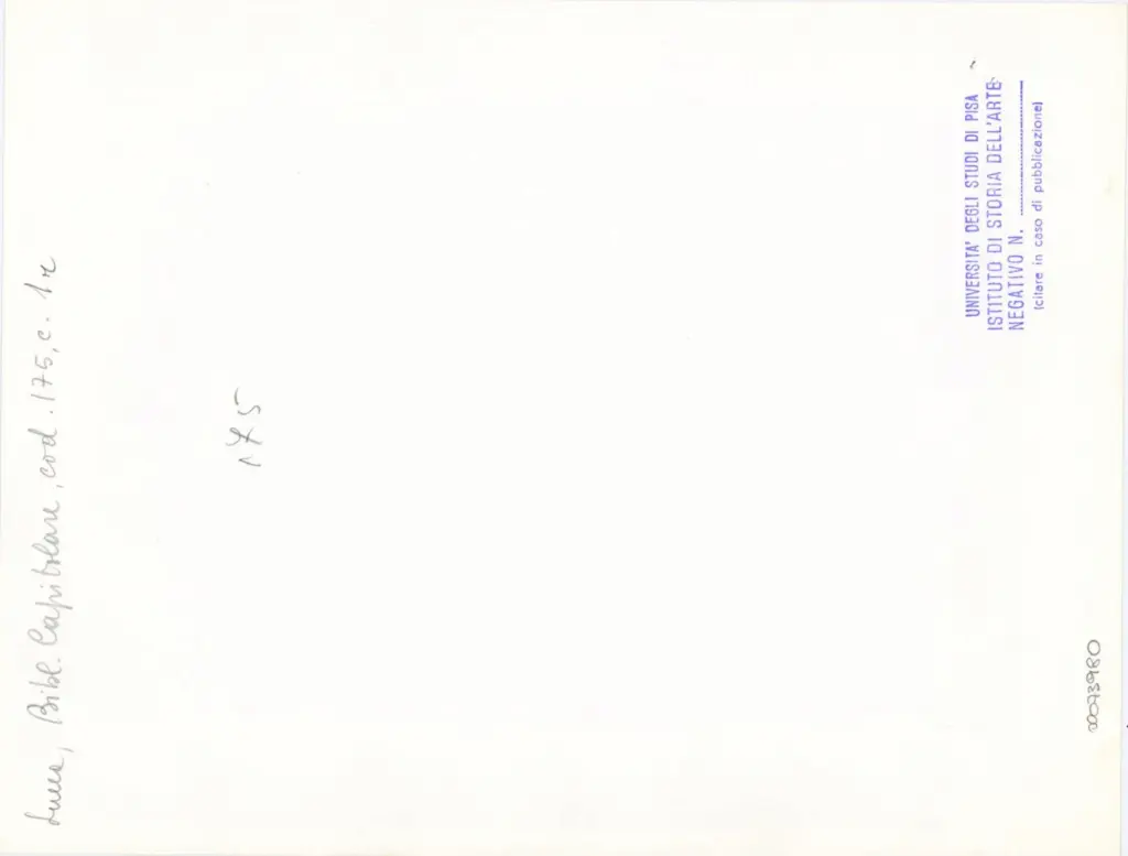 Universit&agrave; di Pisa. Dipartimento di Storia delle Arti , Anonimo italiano - 1463, marzo 4 - Lucca, Biblioteca Capitolare Feliniana, Ms. 175, f. 1r, particolare , retro