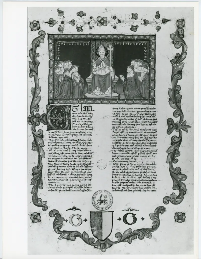 Anonimo italiano sec. XV , Pagina miniata, Cornice con motivi decorativi fitomorfi, Iniziale U, Iniziale decorata, Stemma