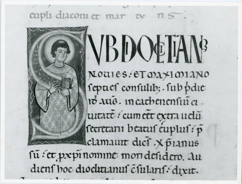 Anonimo italiano sec. XII , Iniziale S, Iniziale abitata, Santo diacono martire, Sant'Euplio diacono e martire