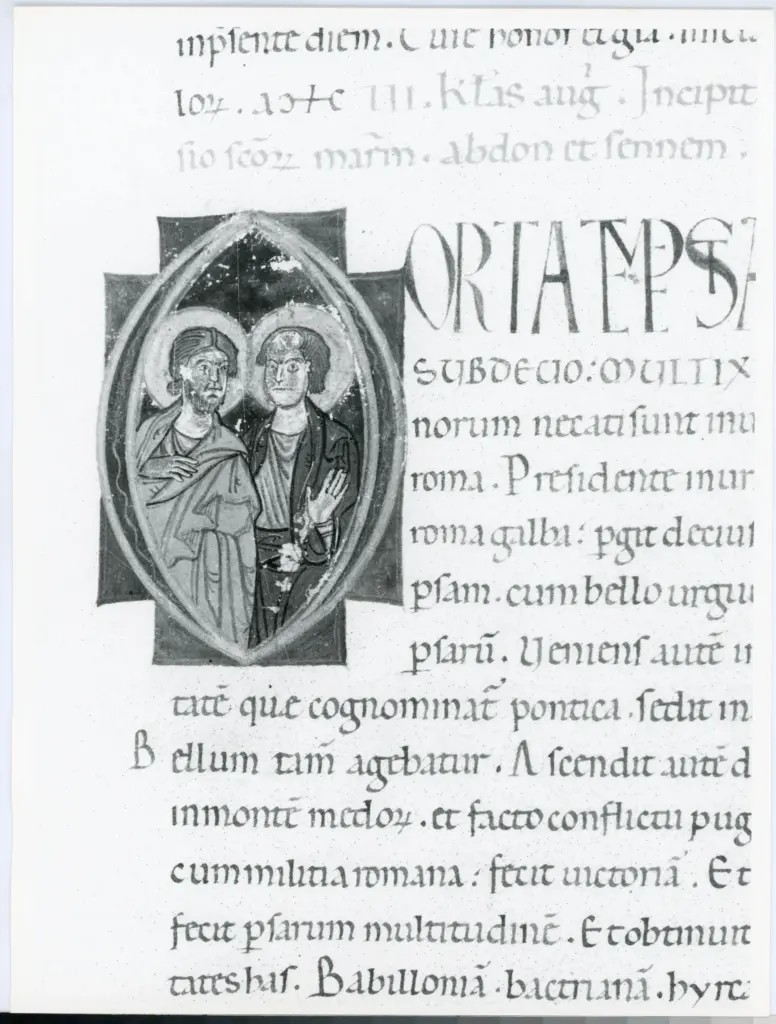 Anonimo italiano sec. XII , Iniziale O, Iniziale abitata, Santi martiri, Santi martiri Abdon e Sennen