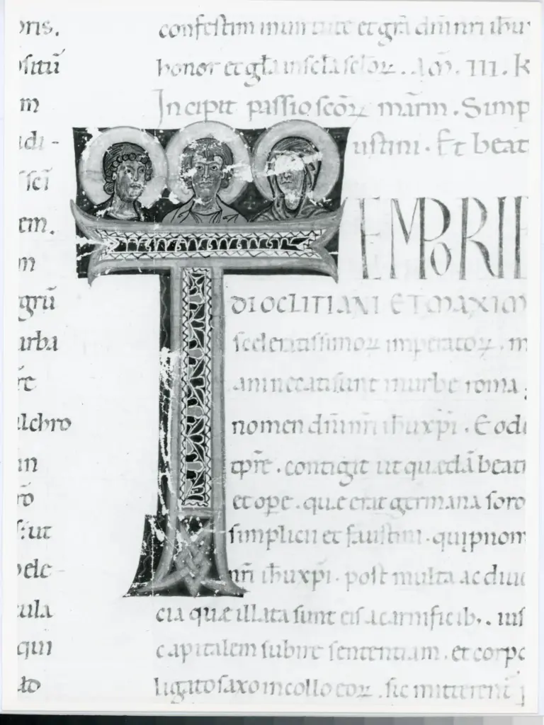 Universit&agrave; di Pisa. Dipartimento di Storia delle Arti , Anonimo italiano - sec. XII, prima met&agrave; - Lucca, Biblioteca Capitolare Feliniana, Ms. Passionario P, f. 26r, particolare , fronte