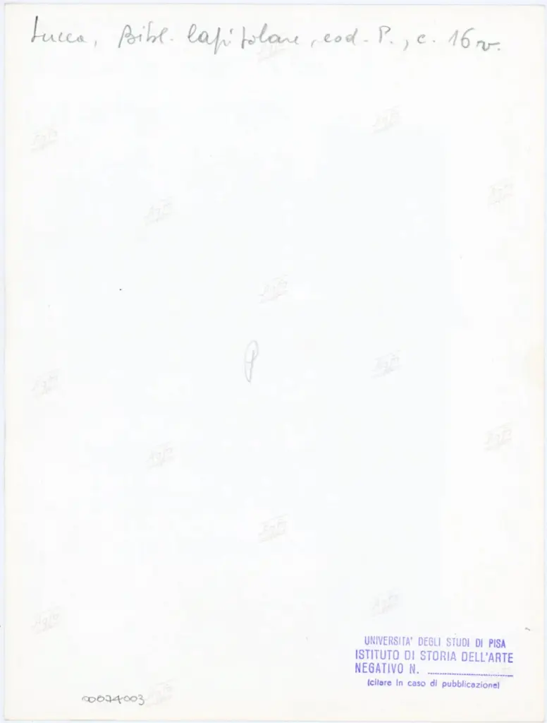 Universit&agrave; di Pisa. Dipartimento di Storia delle Arti , Anonimo italiano - sec. XII, prima met&agrave; - Lucca, Biblioteca Capitolare Feliniana, Ms. Passionario P, f. 16v, particolare , retro