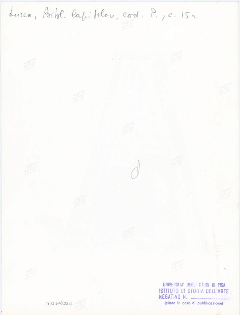 Università di Pisa. Dipartimento di Storia delle Arti , Anonimo italiano - sec. XII, prima metà - Lucca, Biblioteca Capitolare Feliniana, Ms. Passionario P, f. 15r, particolare , retro
