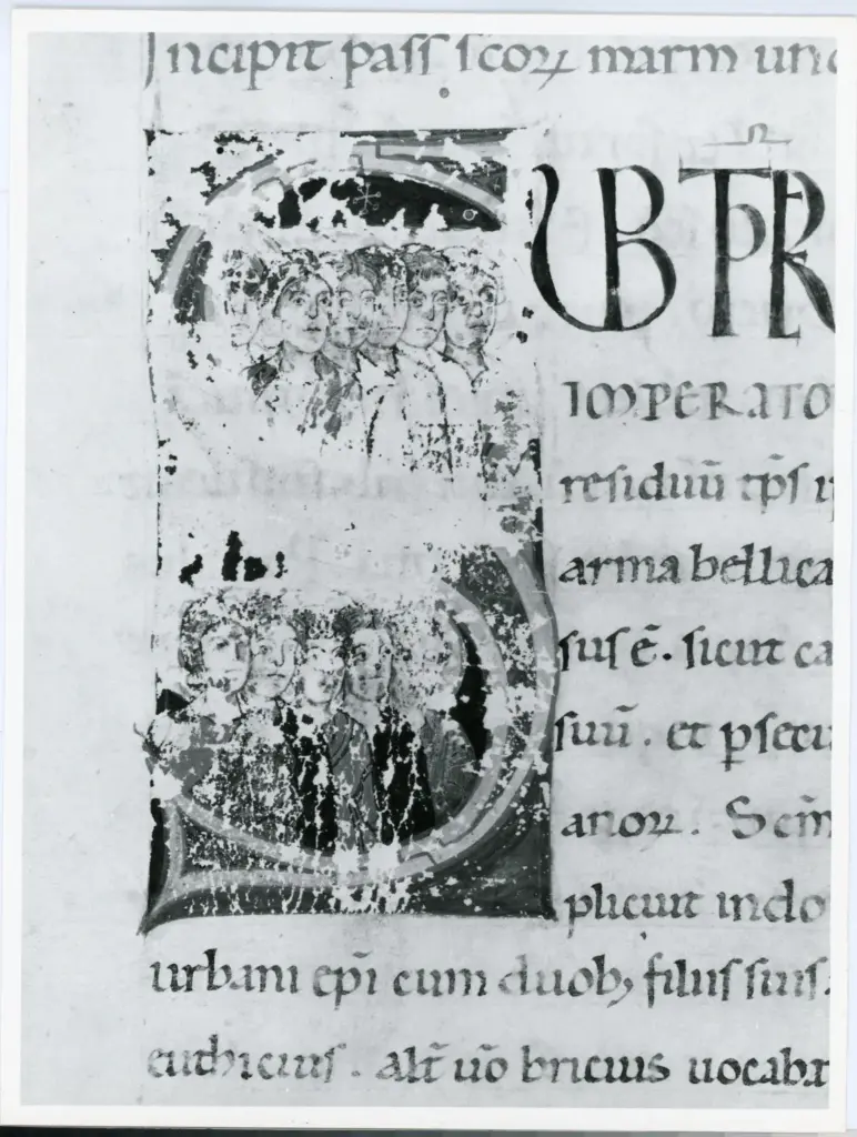 Universit&agrave; di Pisa. Dipartimento di Storia delle Arti , Anonimo italiano - sec. XII, prima met&agrave; - Lucca, Biblioteca Capitolare Feliniana, Ms. Passionario P, f. 4r, particolare , fronte