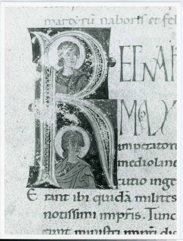 Anonimo italiano sec. XII , Iniziale R, Iniziale abitata, San Naborre, San Felice, Due santi martiri
