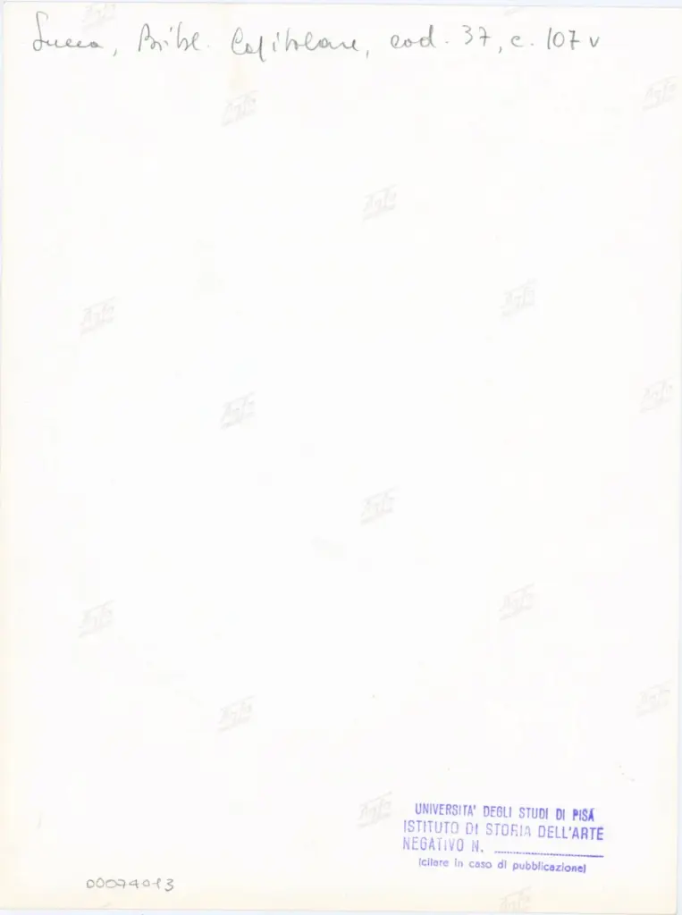 Universit&agrave; di Pisa. Dipartimento di Storia delle Arti , Anonimo italiano - sec. XII, primo quarto - Lucca, Biblioteca Capitolare Feliniana, Ms. 37, f. 107v, particolare , retro