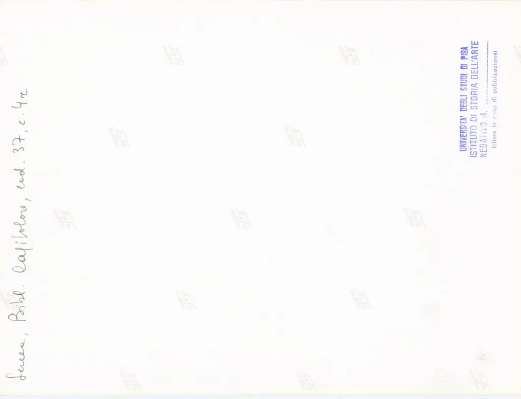 Universit&agrave; di Pisa. Dipartimento di Storia delle Arti , Anonimo italiano - sec. XII, primo quarto - Lucca, Biblioteca Capitolare Feliniana, Ms. 37, f. 4r, particolare , retro