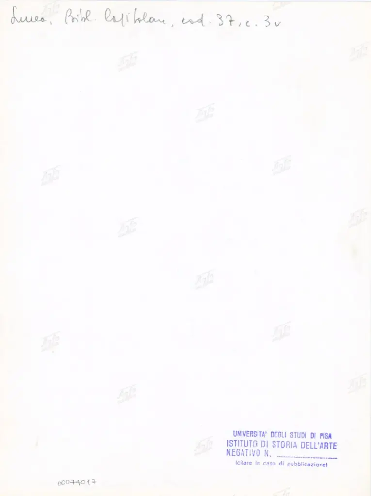 Universit&agrave; di Pisa. Dipartimento di Storia delle Arti , Anonimo italiano - sec. XII, primo quarto - Lucca, Biblioteca Capitolare Feliniana, Ms. 37, f. 3v, particolare , retro