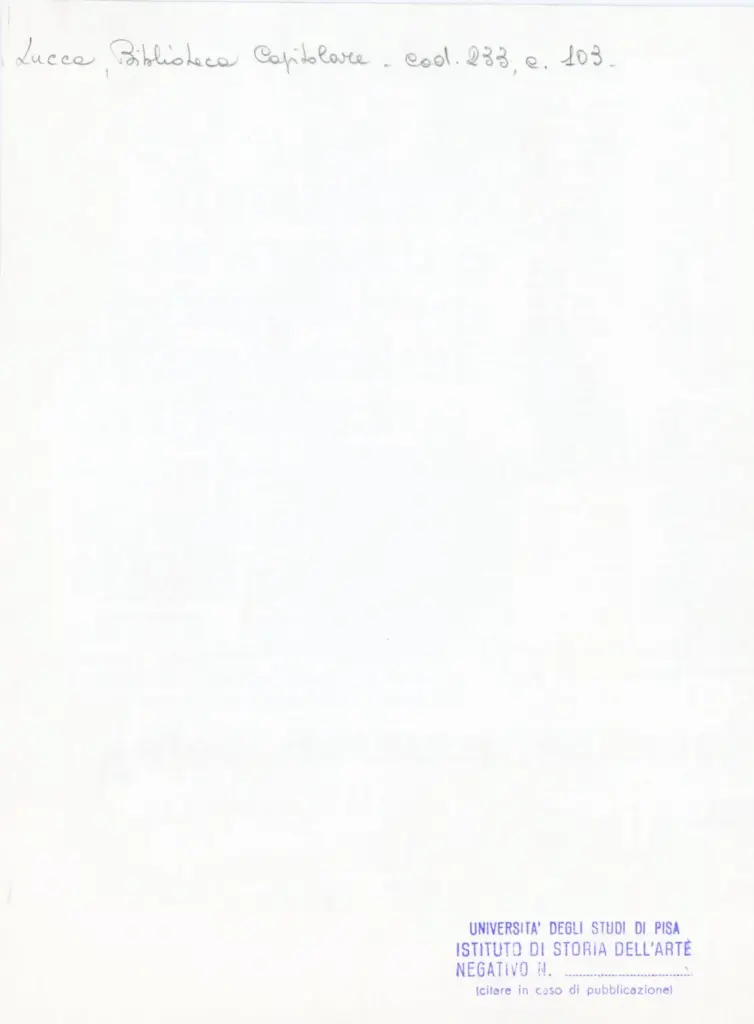 Universit&agrave; di Pisa. Dipartimento di Storia delle Arti , Anonimo italiano - sec. XIV, terzo quarto - Lucca, Biblioteca Capitolare Feliniana, Ms. 233, f. 103r, particolare , retro