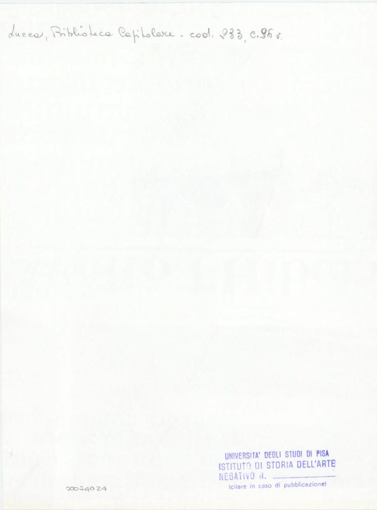 Università di Pisa. Dipartimento di Storia delle Arti , Anonimo italiano - sec. XIV, terzo quarto - Lucca, Biblioteca Capitolare Feliniana, Ms. 233, f. 96v, particolare , retro