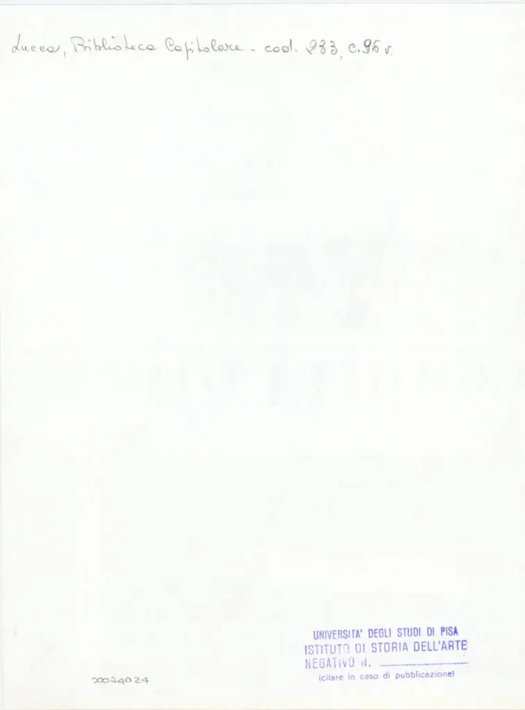 Universit&agrave; di Pisa. Dipartimento di Storia delle Arti , Anonimo italiano - sec. XIV, terzo quarto - Lucca, Biblioteca Capitolare Feliniana, Ms. 233, f. 96v, particolare , retro