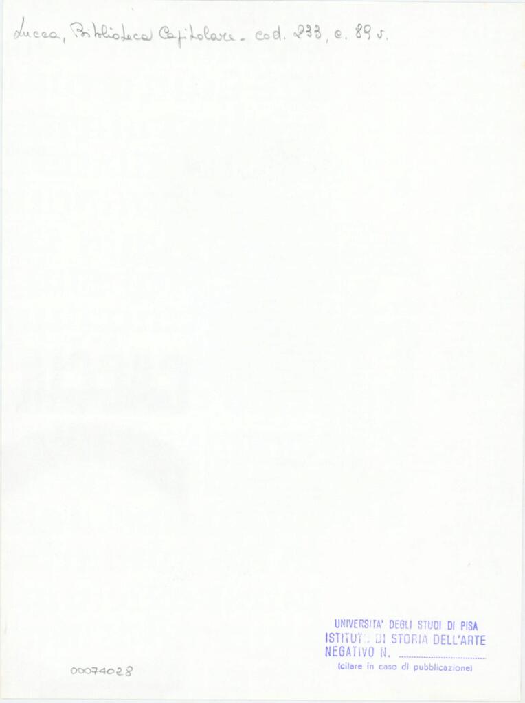 Università di Pisa. Dipartimento di Storia delle Arti , Anonimo italiano - sec. XIV, terzo quarto - Lucca, Biblioteca Capitolare Feliniana, Ms. 233, f. 89v, particolare , retro