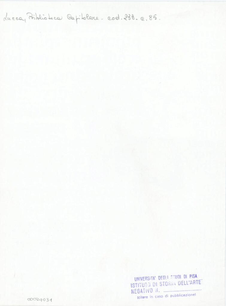 Università di Pisa. Dipartimento di Storia delle Arti , Anonimo italiano - sec. XIV, terzo quarto - Lucca, Biblioteca Capitolare Feliniana, Ms. 233, f. 85r, particolare , retro