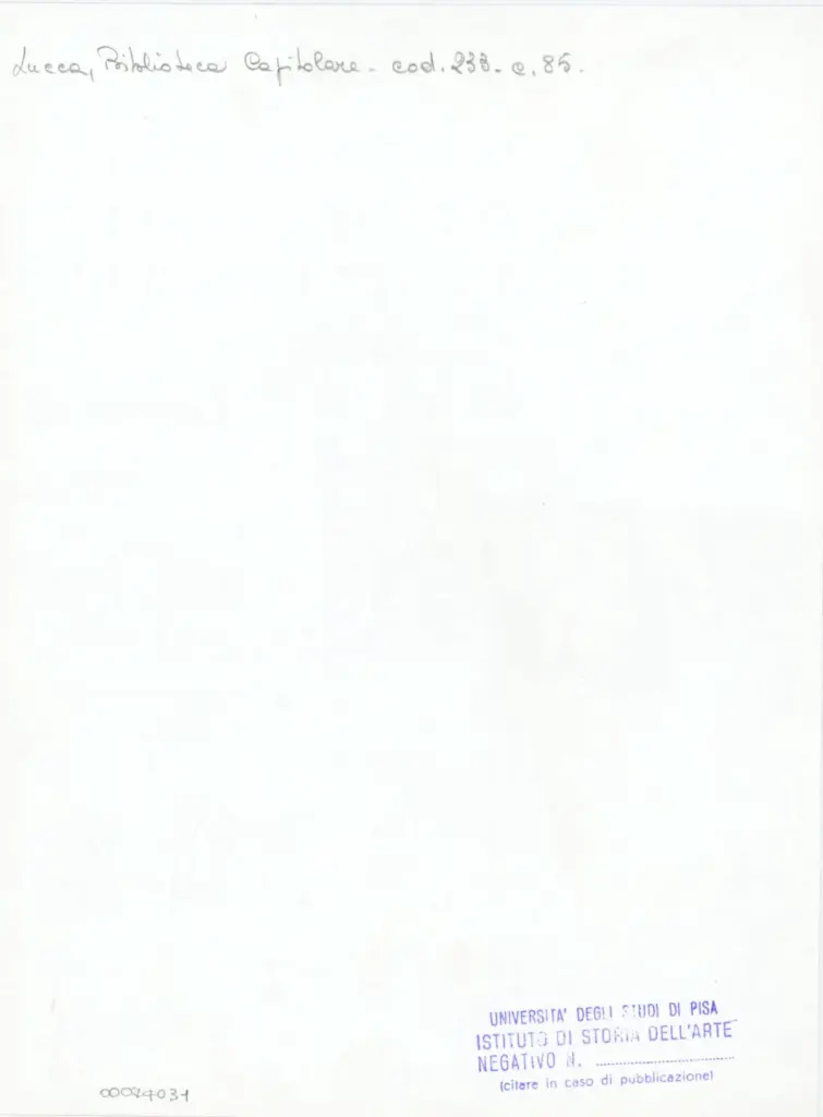 Universit&agrave; di Pisa. Dipartimento di Storia delle Arti , Anonimo italiano - sec. XIV, terzo quarto - Lucca, Biblioteca Capitolare Feliniana, Ms. 233, f. 85r, particolare , retro