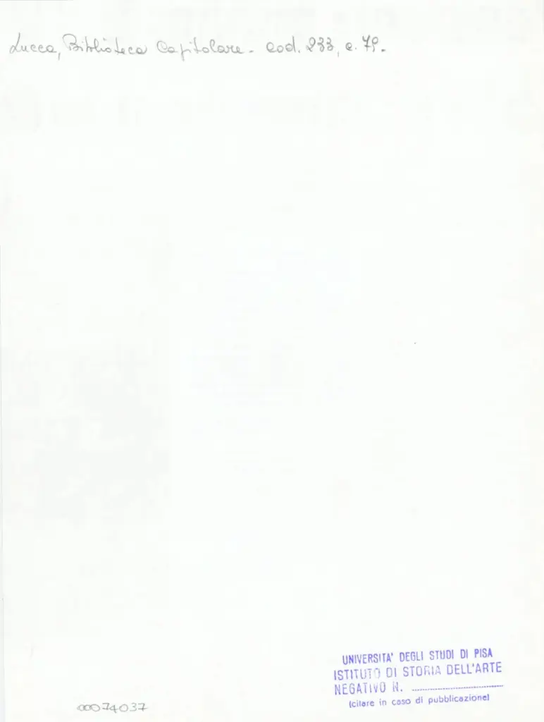 Università di Pisa. Dipartimento di Storia delle Arti , Anonimo italiano - sec. XIV, terzo quarto - Lucca, Biblioteca Capitolare Feliniana, Ms. 233, f. 79r, particolare , retro