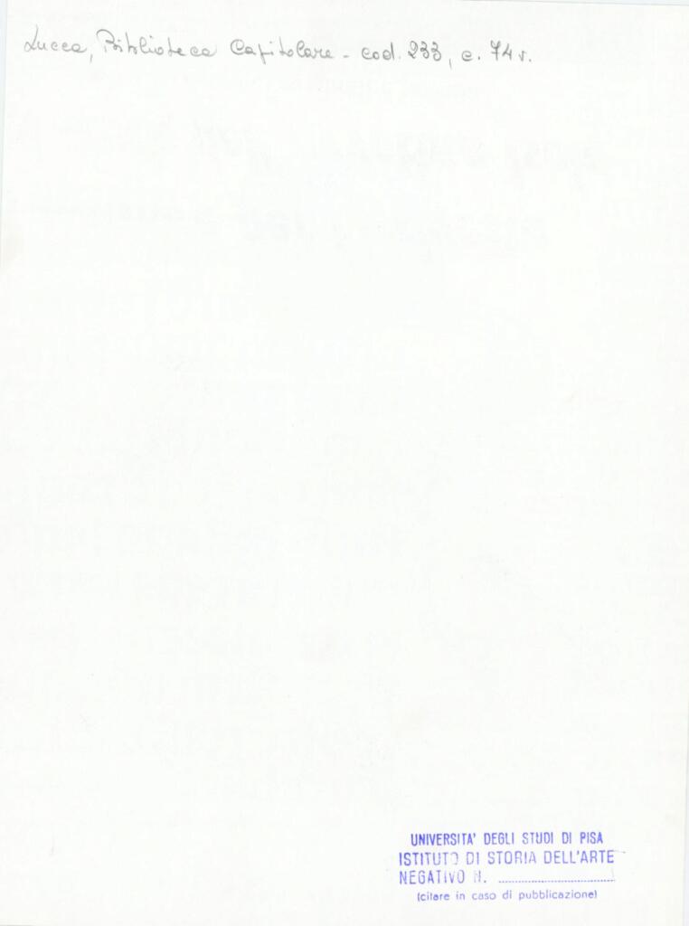 Università di Pisa. Dipartimento di Storia delle Arti , Anonimo italiano - sec. XIV, terzo quarto - Lucca, Biblioteca Capitolare Feliniana, Ms. 233, f. 74v, particolare , retro