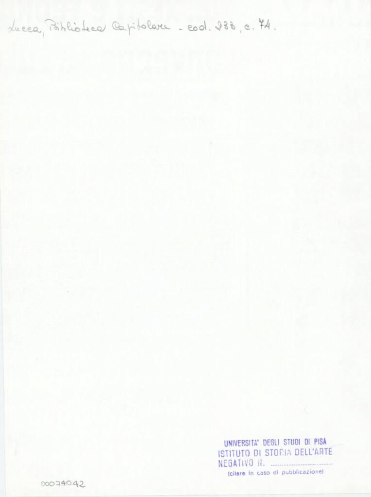 Università di Pisa. Dipartimento di Storia delle Arti , Anonimo italiano - sec. XIV, terzo quarto - Lucca, Biblioteca Capitolare Feliniana, Ms. 233, f. 74r, particolare , retro
