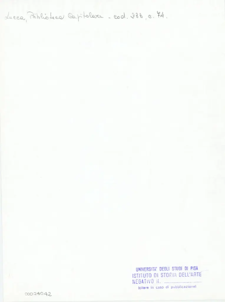 Universit&agrave; di Pisa. Dipartimento di Storia delle Arti , Anonimo italiano - sec. XIV, terzo quarto - Lucca, Biblioteca Capitolare Feliniana, Ms. 233, f. 74r, particolare , retro