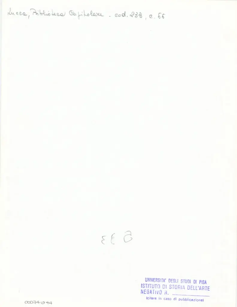 Universit&agrave; di Pisa. Dipartimento di Storia delle Arti , Anonimo italiano - sec. XIV, terzo quarto - Lucca, Biblioteca Capitolare Feliniana, Ms. 233, f. 66r, particolare , retro