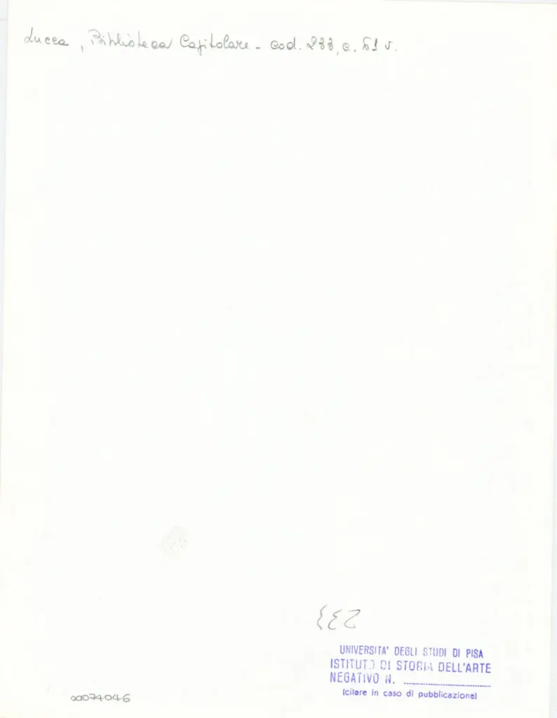 Universit&agrave; di Pisa. Dipartimento di Storia delle Arti , Anonimo italiano - sec. XIV, terzo quarto - Lucca, Biblioteca Capitolare Feliniana, Ms. 233, f. 61v, particolare , retro